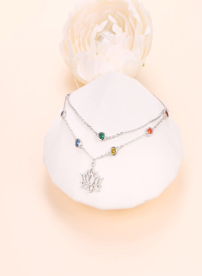 Yearace Lotus Chakra Anklet 925 Sterling Silver Multicolor Cubic Zirconia Ankle Bracelets for Women Adjustable Layered Foot Chain Jewelry Gift for Summer Day - Image 4