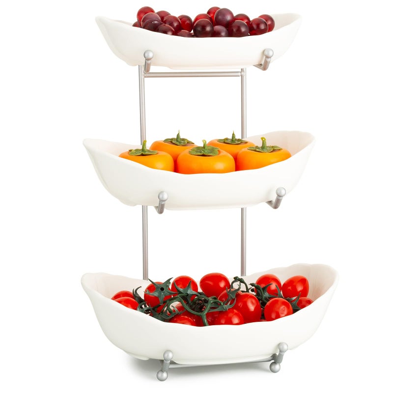 Buric Ceramic Fruit Bowl for Kitchen Counter, 3 Tier Ceramic Serving Bowls with Metal Stand, Fruit Basket Stand Fruit Serving Tray Set for Vegetable Storage, Candy Snack Dessert Cake (White) - Image 1