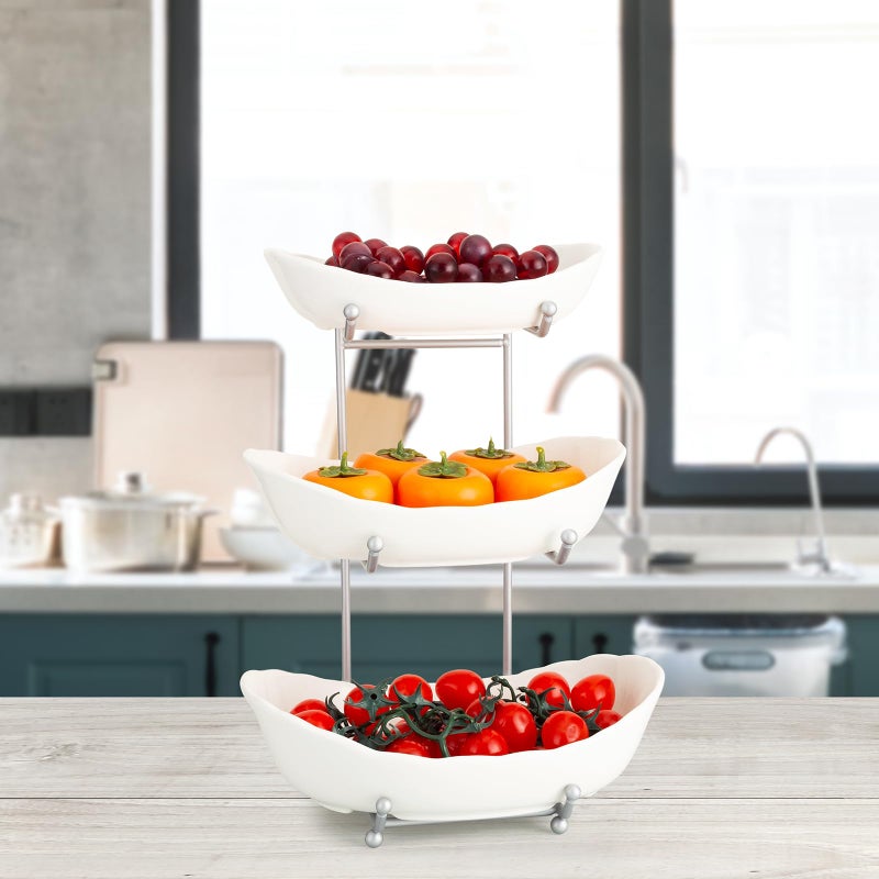 Buric Ceramic Fruit Bowl for Kitchen Counter, 3 Tier Ceramic Serving Bowls with Metal Stand, Fruit Basket Stand Fruit Serving Tray Set for Vegetable Storage, Candy Snack Dessert Cake (White) - Image 2