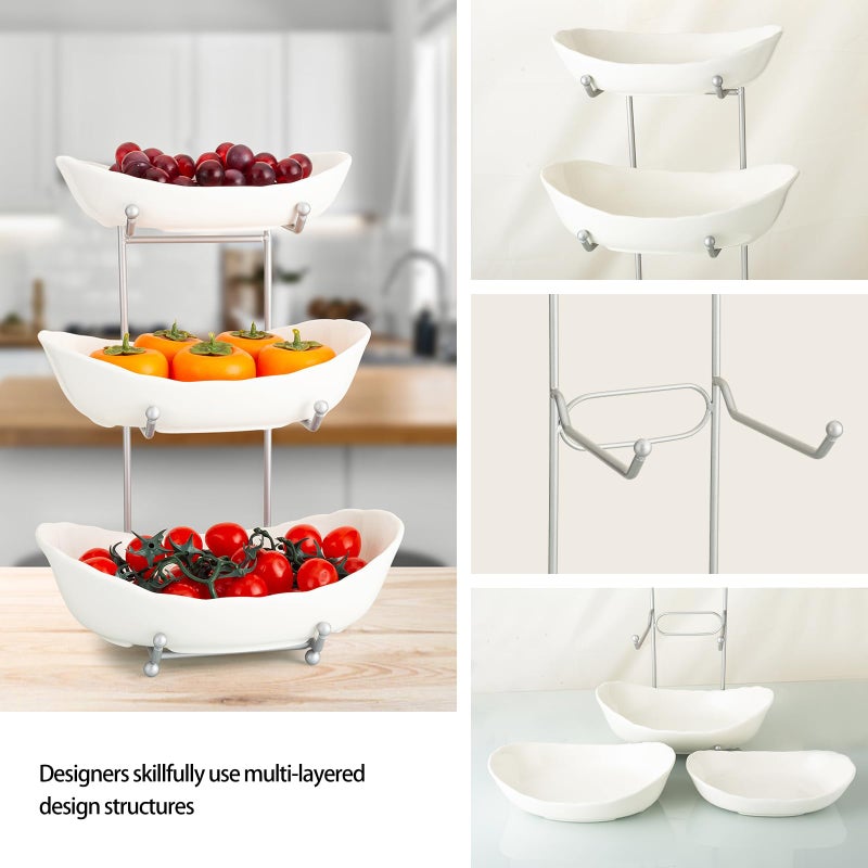 Buric Ceramic Fruit Bowl for Kitchen Counter, 3 Tier Ceramic Serving Bowls with Metal Stand, Fruit Basket Stand Fruit Serving Tray Set for Vegetable Storage, Candy Snack Dessert Cake (White) - Image 5