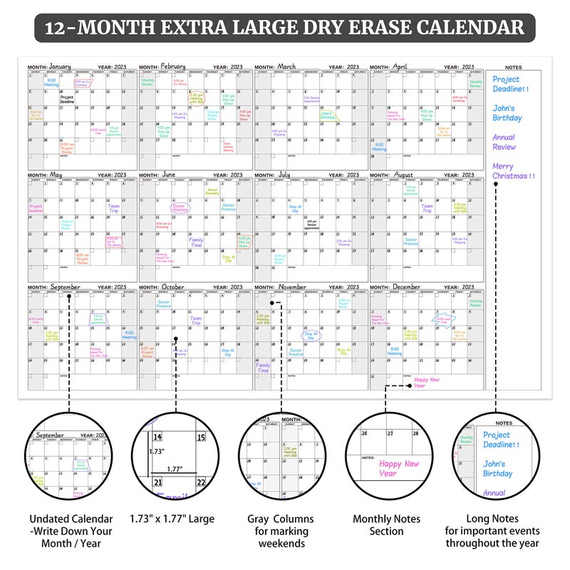 BooQool Large Dry Erase Calendar for Wall â€“ Yearly Wall Calendar Dry Erase, 37" x 57.9", 12-Month Undated Blank Calendar Planner, Reusable Laminated Task Organizer, Great for Office, Classroom, Home - Image 3