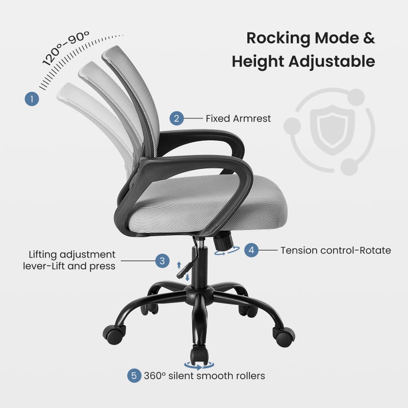 DUMOS Home Office Chair - Ergonomic Mid Back Mesh Desk Chair with Lumbar Support & Rocking Mode, Height Adjustable with Fixed Armrest, for Computer, Gaming, Meeting, 360Â° Swivel, Grey - Image 4
