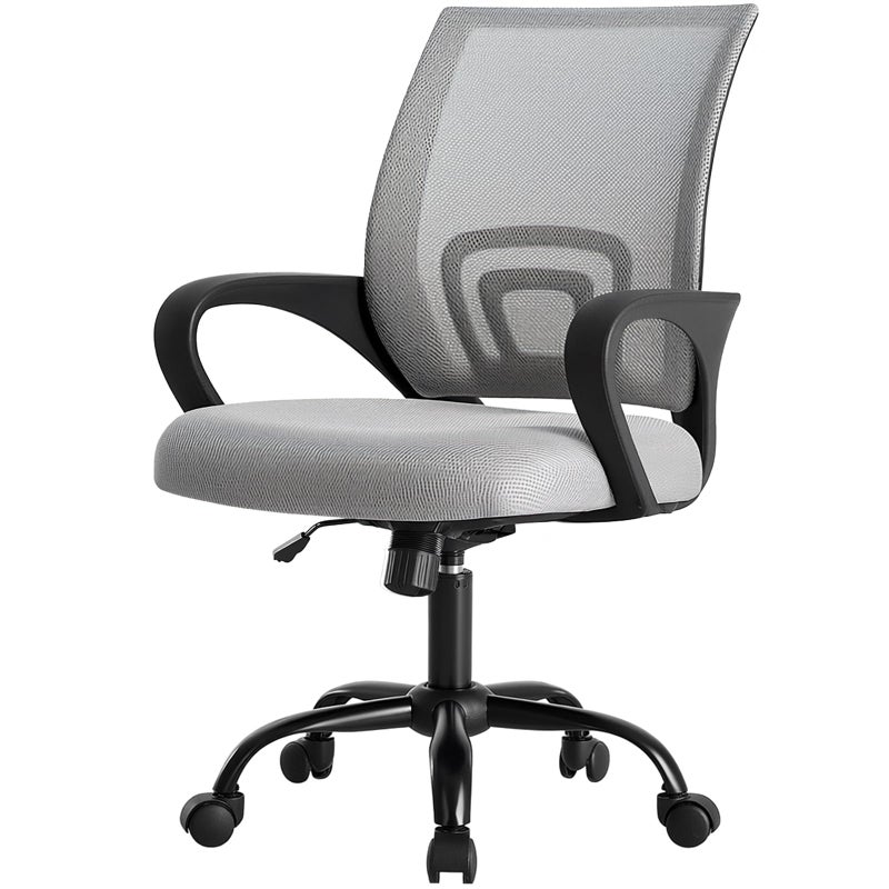 DUMOS Home Office Chair - Ergonomic Mid Back Mesh Desk Chair with Lumbar Support & Rocking Mode, Height Adjustable with Fixed Armrest, for Computer, Gaming, Meeting, 360Â° Swivel, Grey - Image 1