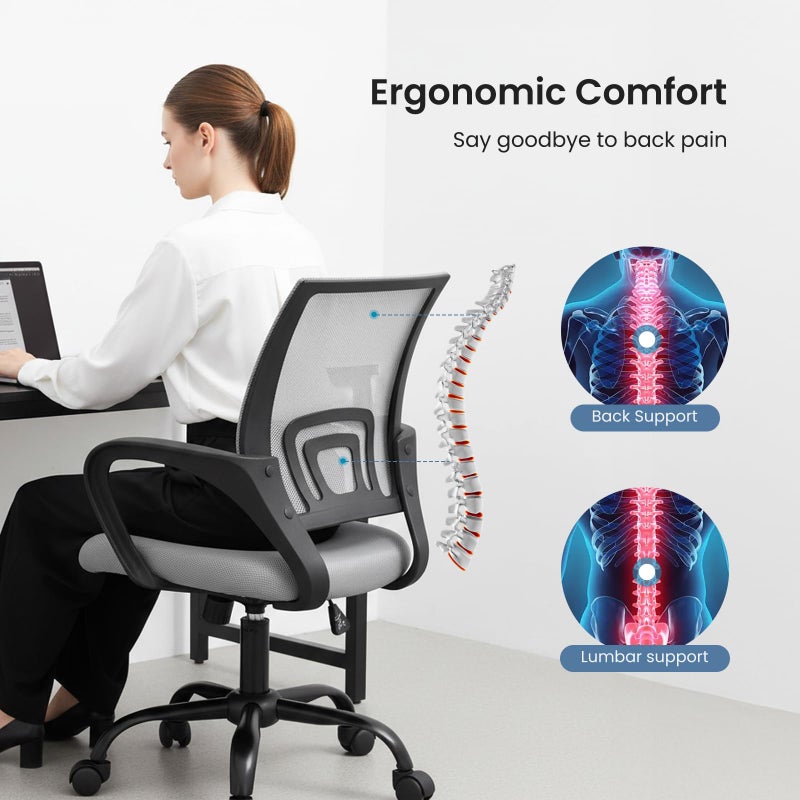 DUMOS Home Office Chair - Ergonomic Mid Back Mesh Desk Chair with Lumbar Support & Rocking Mode, Height Adjustable with Fixed Armrest, for Computer, Gaming, Meeting, 360Â° Swivel, Grey - Image 2