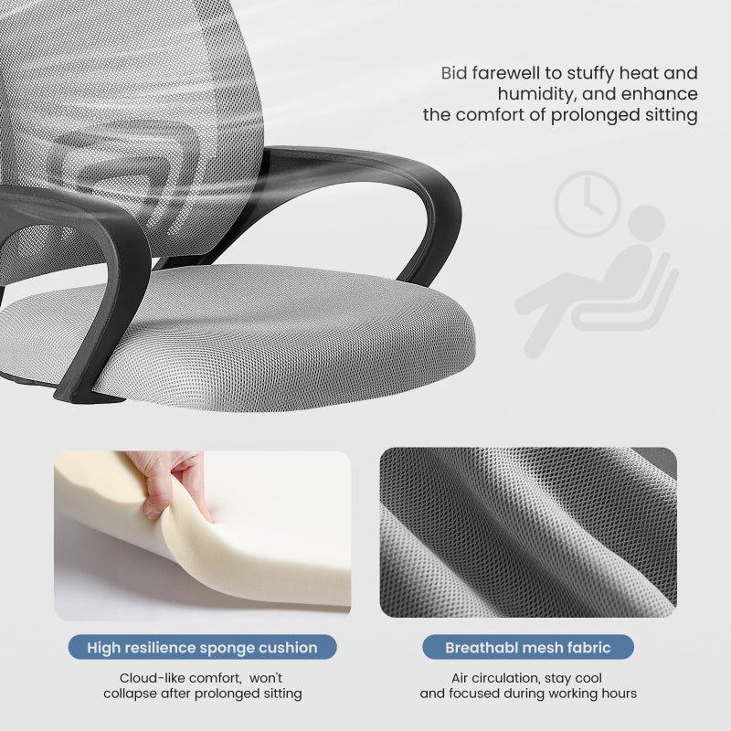 DUMOS Home Office Chair - Ergonomic Mid Back Mesh Desk Chair with Lumbar Support & Rocking Mode, Height Adjustable with Fixed Armrest, for Computer, Gaming, Meeting, 360Â° Swivel, Grey - Image 3