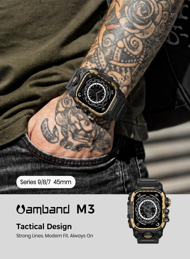 امباند حافظة amBand متينة مع سوار لساعة Apple Watch مقاس 45 مم، متوافقة مع ساعات Apple Watch (iWatch) Series 9/8/7، غطاء ممتص للصدمات بدرجة عسكرية، سوار تكتيكي للرجال، أسود ذهبي - Image 3