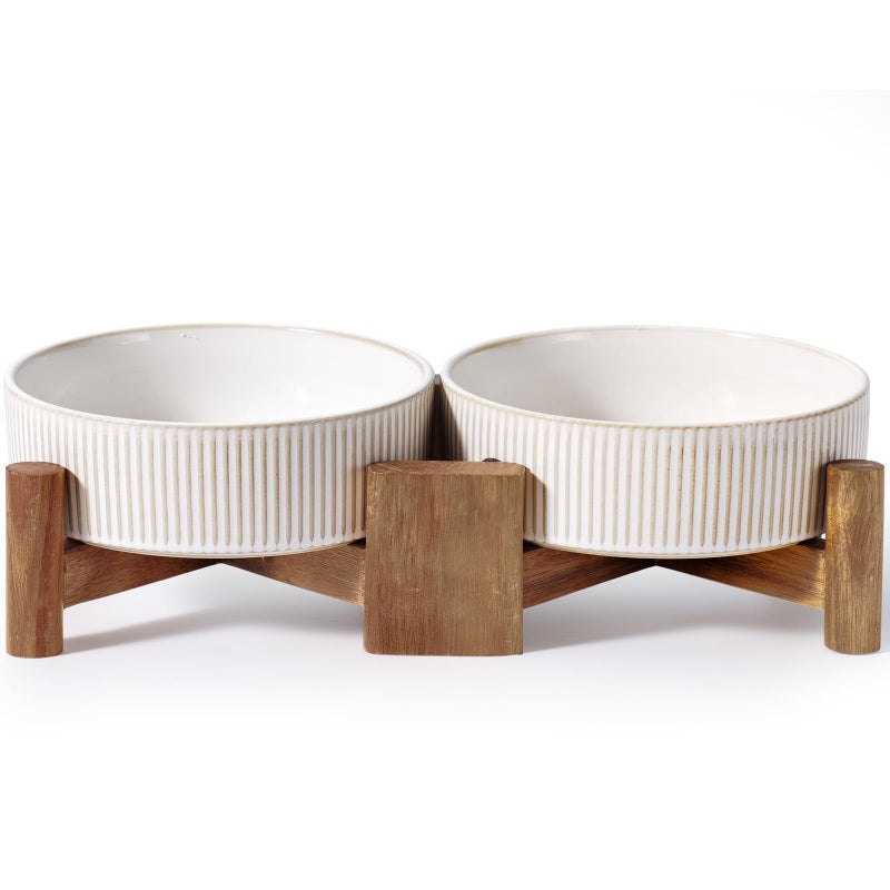 Getstar Elevated Ceramic Dog Cat Bowl Set - 1.8-Cup Raised Feeding Bowls with Non-Slip Wood Stand - Small Pet Dishes for Food and Water - Ideal for Cats and Puppies - Image 1