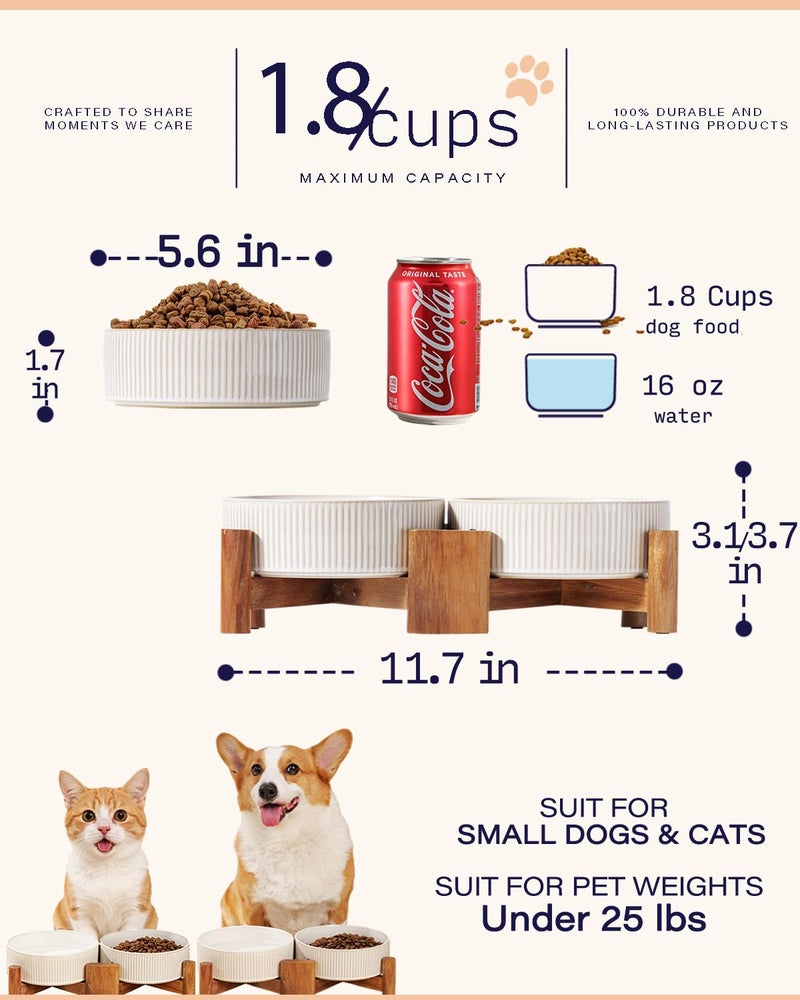 Getstar Elevated Ceramic Dog Cat Bowl Set - 1.8-Cup Raised Feeding Bowls with Non-Slip Wood Stand - Small Pet Dishes for Food and Water - Ideal for Cats and Puppies - Image 2