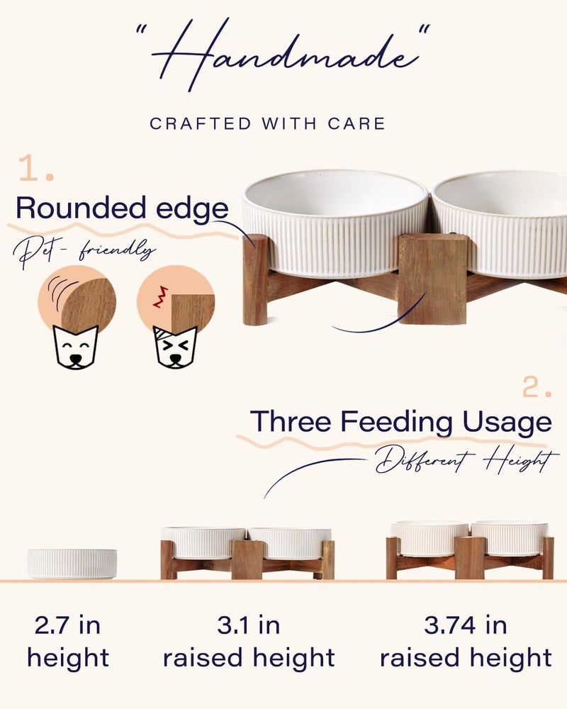 Getstar Elevated Ceramic Dog Cat Bowl Set - 1.8-Cup Raised Feeding Bowls with Non-Slip Wood Stand - Small Pet Dishes for Food and Water - Ideal for Cats and Puppies - Image 4