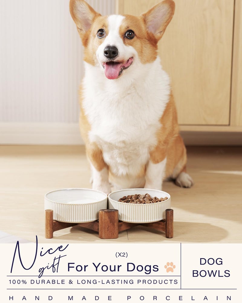 Getstar Elevated Ceramic Dog Cat Bowl Set - 1.8-Cup Raised Feeding Bowls with Non-Slip Wood Stand - Small Pet Dishes for Food and Water - Ideal for Cats and Puppies - Image 3