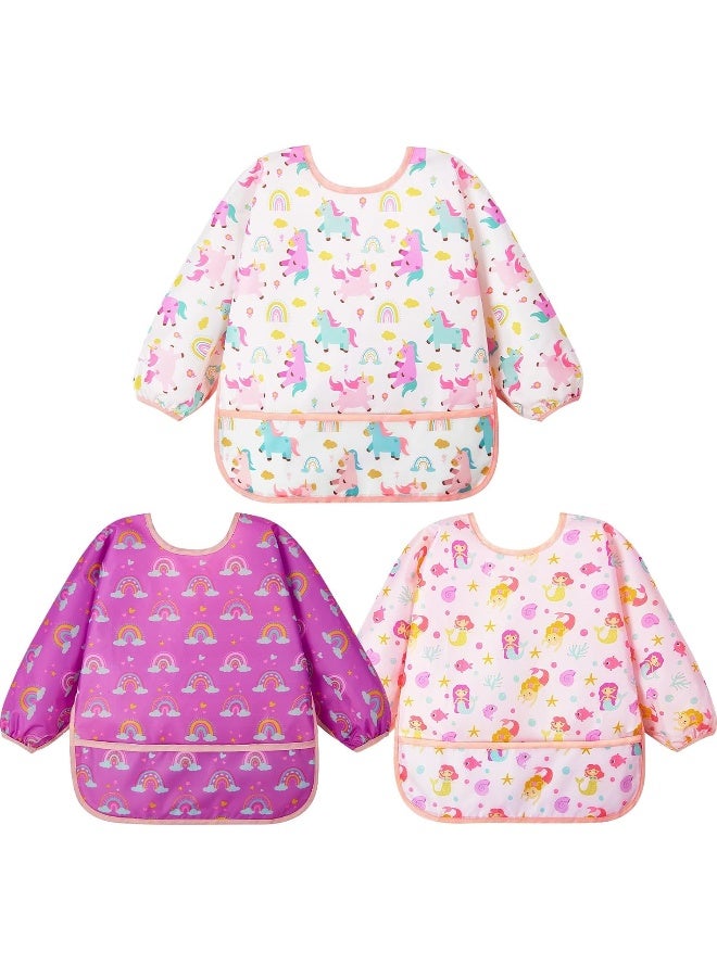 Lictin 3 Pack Baby Bibs for Boy or Girl, Cute Long Sleeve Bib, Waterproof Bibs for Toddlers,Adjustable Closure Baby Smock, Mess Proof Baby Bib, 6-24 Months Reusable Infant Baby Bibs - Image 1