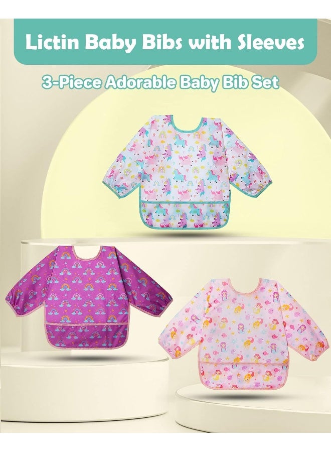 Lictin 3 Pack Baby Bibs for Boy or Girl, Cute Long Sleeve Bib, Waterproof Bibs for Toddlers,Adjustable Closure Baby Smock, Mess Proof Baby Bib, 6-24 Months Reusable Infant Baby Bibs - Image 2