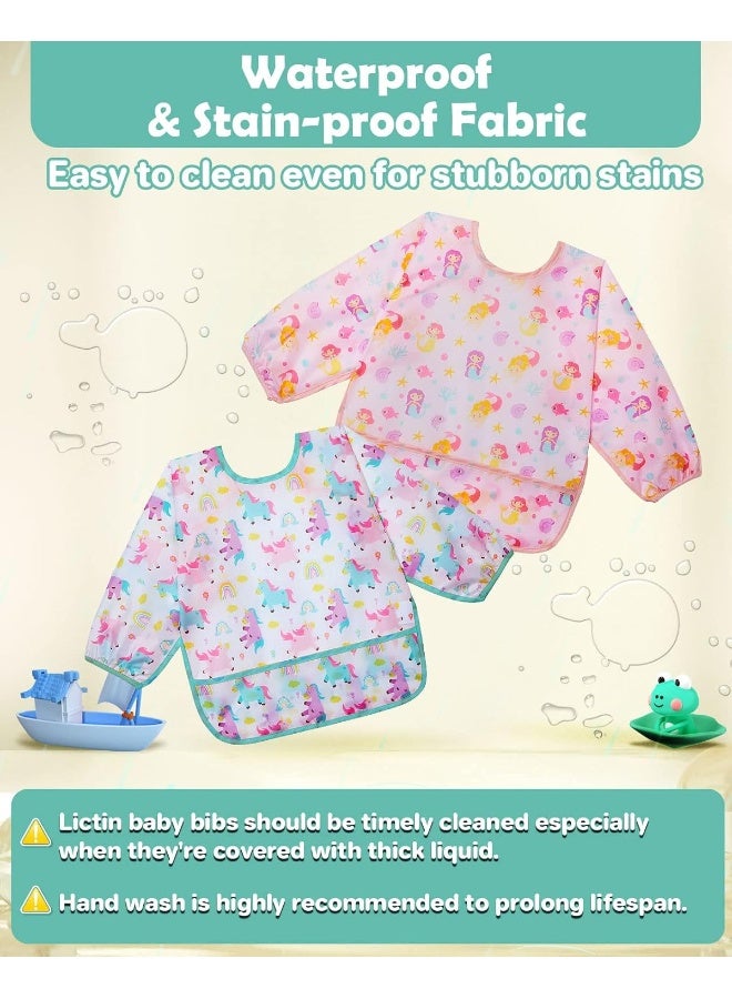Lictin 3 Pack Baby Bibs for Boy or Girl, Cute Long Sleeve Bib, Waterproof Bibs for Toddlers,Adjustable Closure Baby Smock, Mess Proof Baby Bib, 6-24 Months Reusable Infant Baby Bibs - Image 3