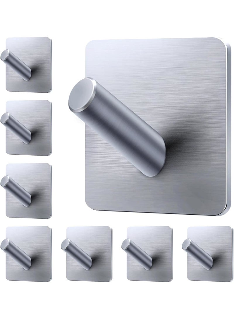 SOLARAE Heavy Duty Adhesive Hooks, 8 Pack Bath Towel Hooks Hold 44lb, Matte Stainless Steel Bathroom Organizer, Adhesive Wall Hooks for Bathrooms, Coat, Robe, Kitchen, Large Adhesive Hooks, Silver - Image 1
