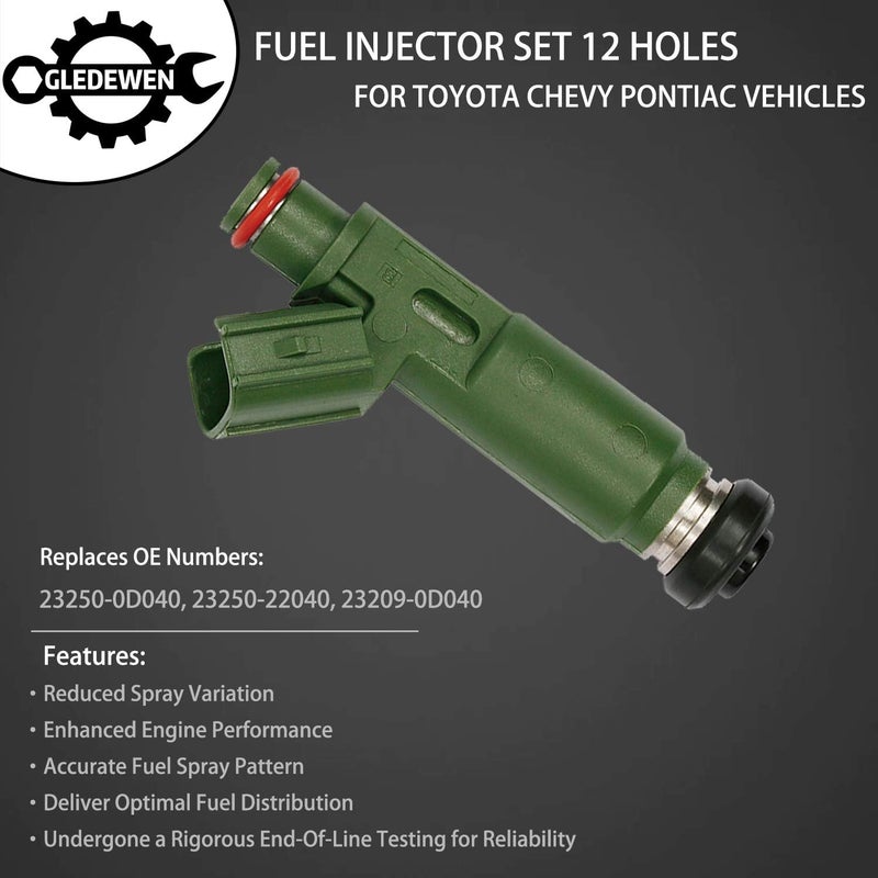 Gledewen Fuel Injector 12 Holes 4Pcs | 1.8L L4 Gas DOHC | for 2000-2005 Toyota Celica MR2 Spyder 2000-2004 Corolla 03-06 Matrix, 00-02 Chevy Prizm, 03-06 Pontiac Vibe | Replace# 23250-0D040 23250-22040 FJ415 - Image 2