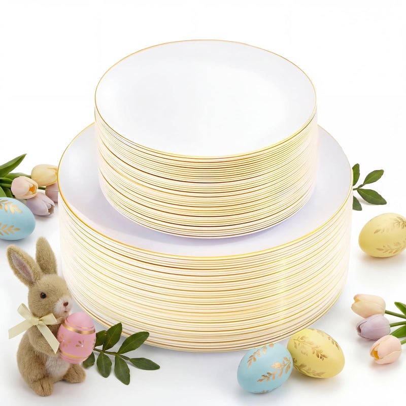 KIRE 100PCS Disposable Plates - White with Gold Rim for Easter/Wedding/Spring Party- Includes 50Pieces 10.25inch Dinner and 50Pieces 7.5inch Dessert/Salad Plates - Image 1