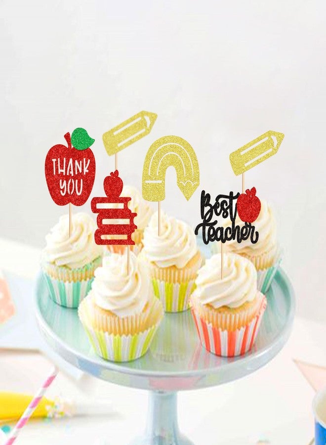 Ercadio 30PCS Teachers's Day Cupcake Toppers Glitter Best Teacher Cake Picks Thank You Apple Pencil Stationery for Baby Shower Birthday Anniversary Thanksgiving Day Party Cake Decoration - Image 4