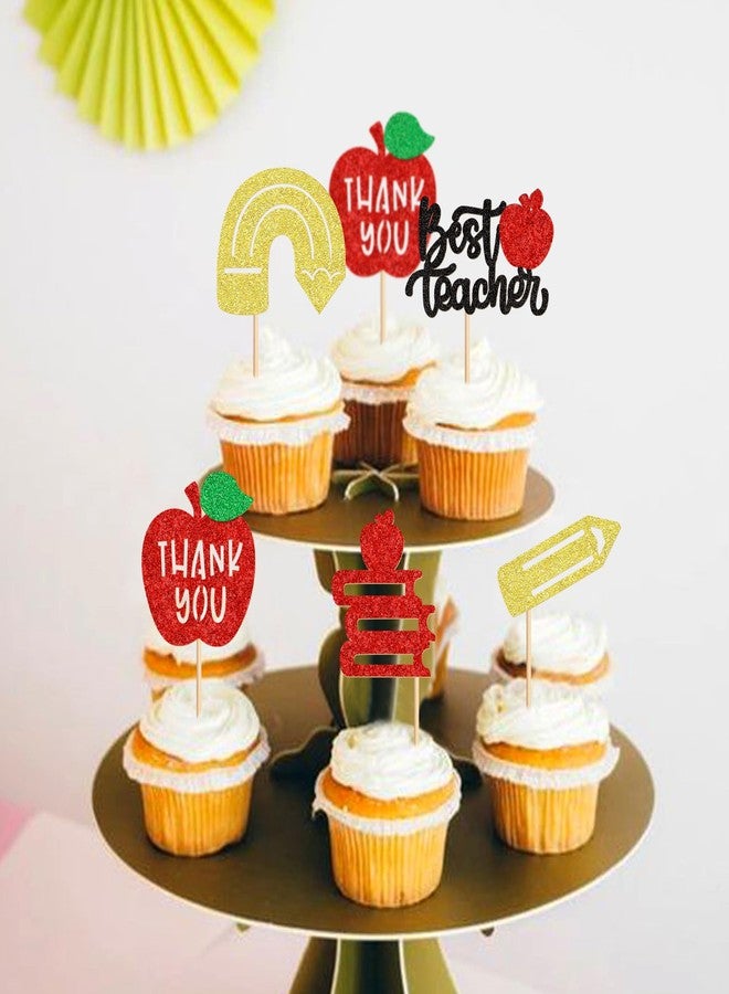 Ercadio 30PCS Teachers's Day Cupcake Toppers Glitter Best Teacher Cake Picks Thank You Apple Pencil Stationery for Baby Shower Birthday Anniversary Thanksgiving Day Party Cake Decoration - Image 5