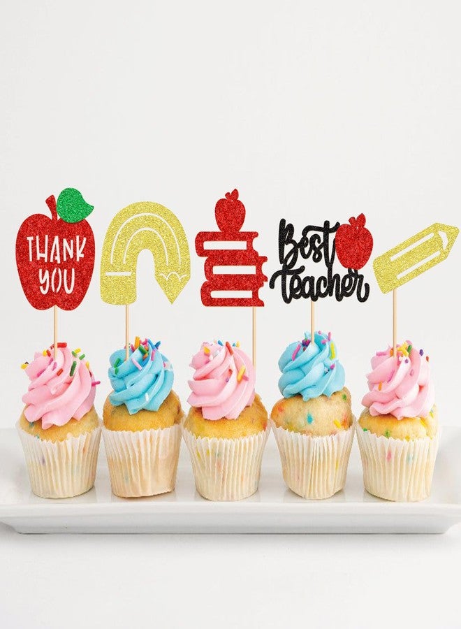 Ercadio 30PCS Teachers's Day Cupcake Toppers Glitter Best Teacher Cake Picks Thank You Apple Pencil Stationery for Baby Shower Birthday Anniversary Thanksgiving Day Party Cake Decoration - Image 3