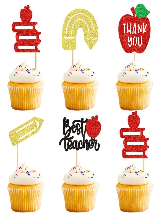 Ercadio 30PCS Teachers's Day Cupcake Toppers Glitter Best Teacher Cake Picks Thank You Apple Pencil Stationery for Baby Shower Birthday Anniversary Thanksgiving Day Party Cake Decoration - Image 1