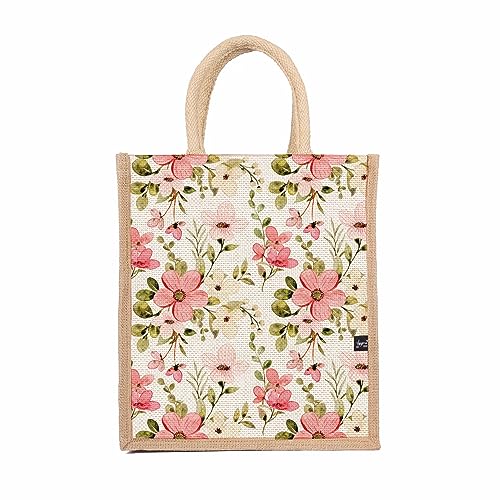 Sangra Multicolor Jute bag for Women and Men Lunch Bag with Zip and Handle (Flower Pattern) - Image 1