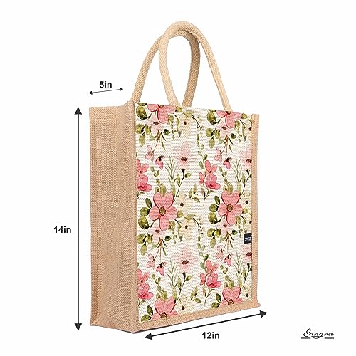 Sangra Multicolor Jute bag for Women and Men Lunch Bag with Zip and Handle (Flower Pattern) - Image 2