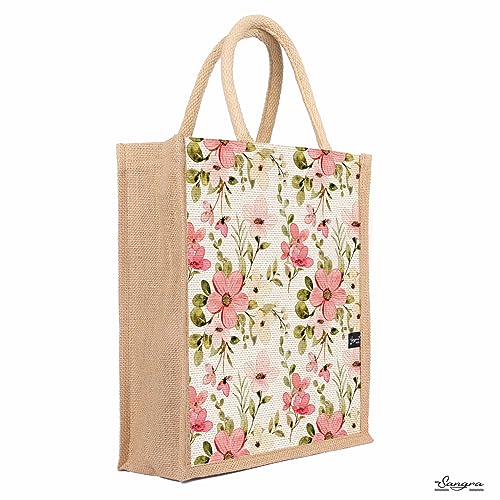 Sangra Multicolor Jute bag for Women and Men Lunch Bag with Zip and Handle (Flower Pattern) - Image 3