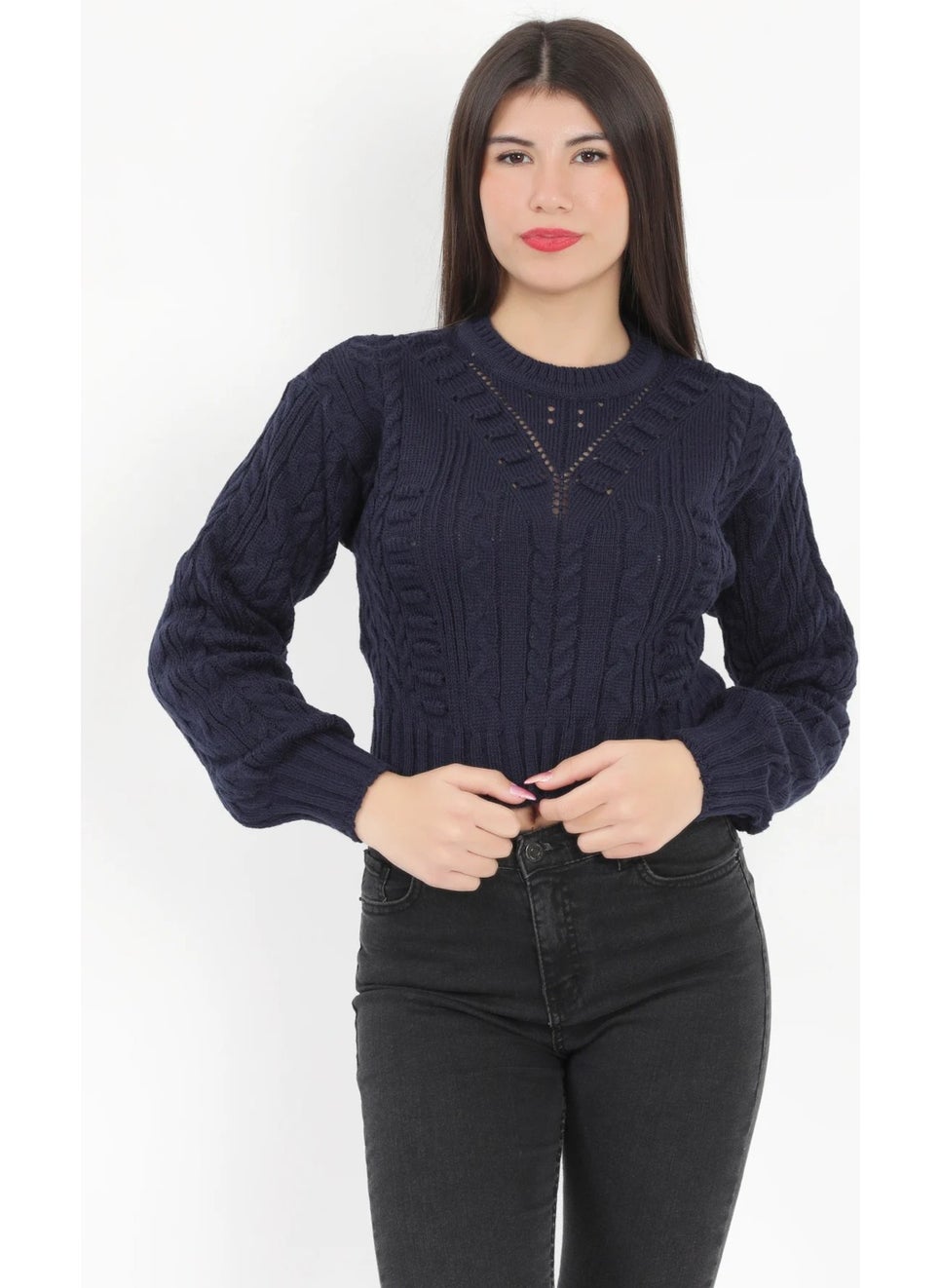 Giysa Women's Navy Blue Seersucker Crop Knit Sweater - 1556  - Image 1