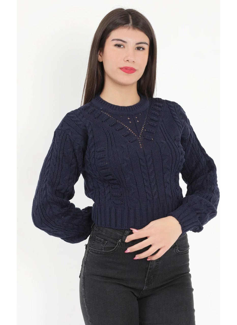 Giysa Women's Navy Blue Seersucker Crop Knit Sweater - 1556  - Image 4