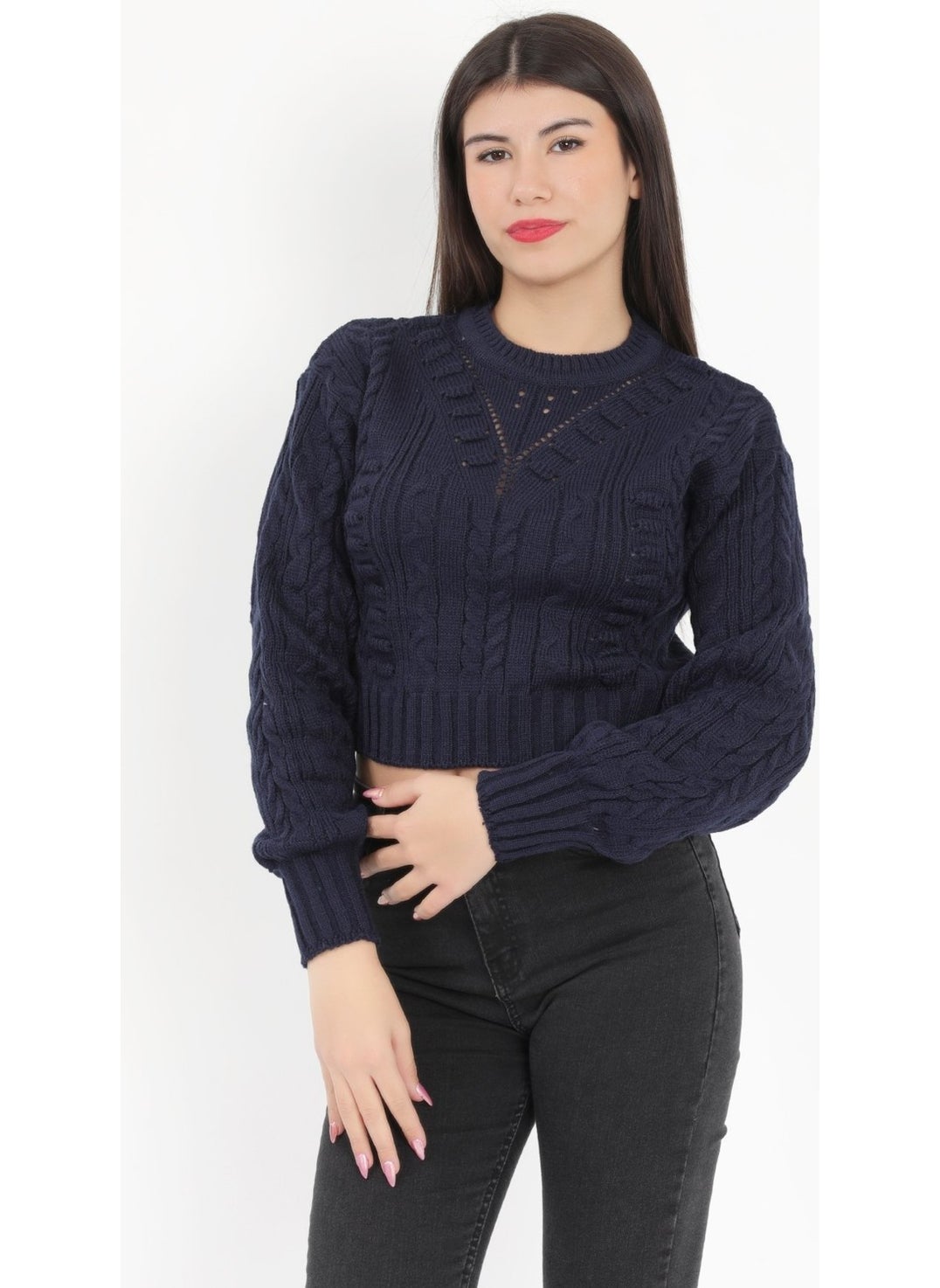 Giysa Women's Navy Blue Seersucker Crop Knit Sweater - 1556  - Image 3