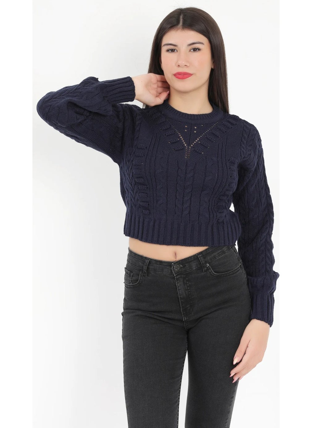 Giysa Women's Navy Blue Seersucker Crop Knit Sweater - 1556  - Image 5