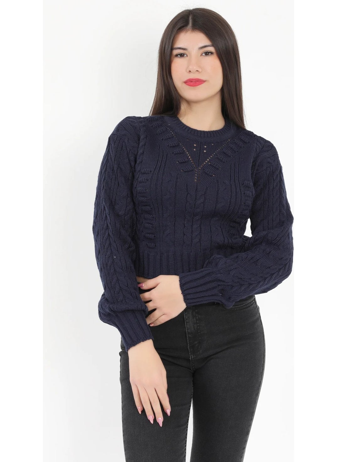 Giysa Women's Navy Blue Seersucker Crop Knit Sweater - 1556  - Image 2