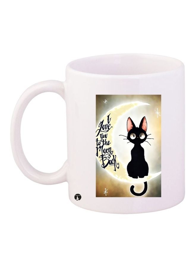 RYN Cat On The Moon Themed Coffee Mug White/Black 11ounce