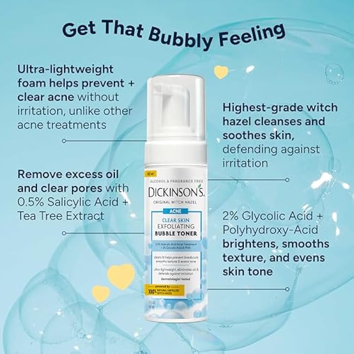 Dickinson's Dickinson’s Witch Hazel Exfoliating Bubble Toner with 0.5% Salicylic Acid, Glycolic Acid & Niacinamide | Clears Pores, Smooths Texture, Brightens Skin | Alcohol-Free, Fragrance-Free | 5 Fl Oz - Image 3