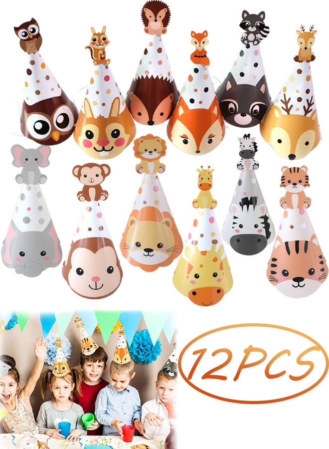 12 Pcs Woodland Animal Party Hats Assorted Jungle Animal Cone Hats Cute Paper Birthday Hats for Kids Birthday Baby Shower Safari Themed Party Decorations - Image 1
