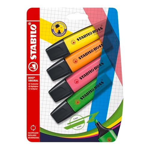 STABILO Highlighter BOSS ORIGINAL - Pack of 4 - Green, Pink, Orange, Yellow - Image 1