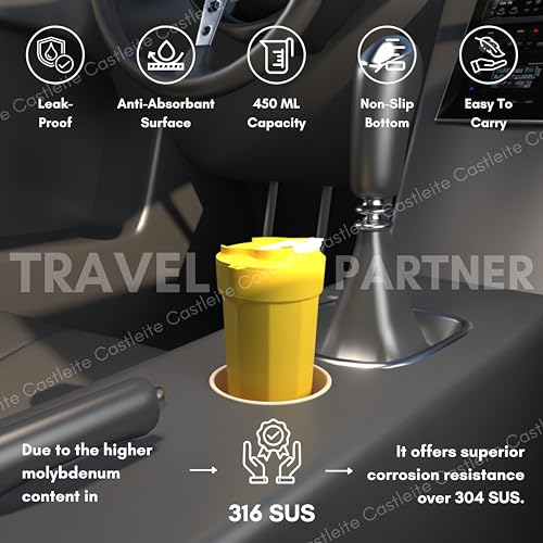 Castleite Brewcruise Manual-Lift Travel Coffee Mug 6 & 8 Hours Hot & Cold 450Ml Vacuum Insulated Stainless Steel Double Walled Sipper Lid Design - Vogue Portable Companion (Fawn Yellow) - Image 4