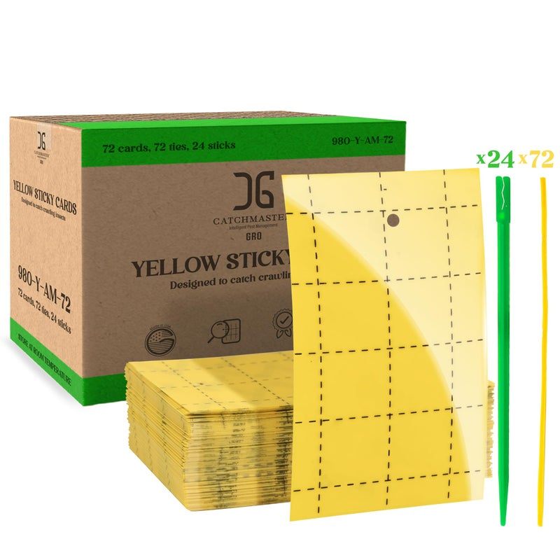 Catchmaster GRO Yellow Regular Double Sided Sticky Traps 72PK, Adhesive Bug & Fruit Fly Trap, Pest Control for Home, Farm, Garden, Hydroponics & Greenhouse, Protect Live Plants Indoor & Outdoor - Image 1