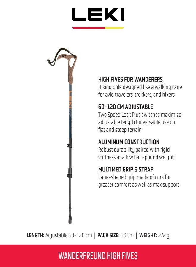 LEKI Wanderfreund High Fives Aluminum Adjustable Lightweight Walking Pole (Single) for Trekking & Hiking - Blue-Orange-Blue - 60-120 cm - Image 2