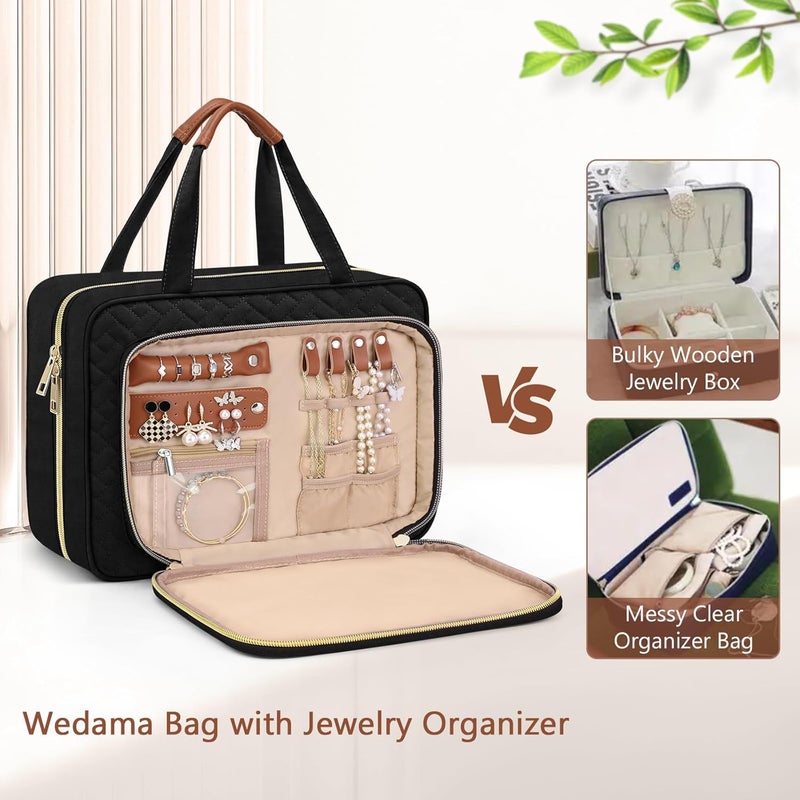Wedama Toiletry Bag for Women, Hanging Travel Toiletry Bag with Jewelry Organizer Compartment Medium Makeup Bag, PVC Waterproof Cosmetic Travel Bag Trips Camping Bathroom, Black+Brown - Image 3