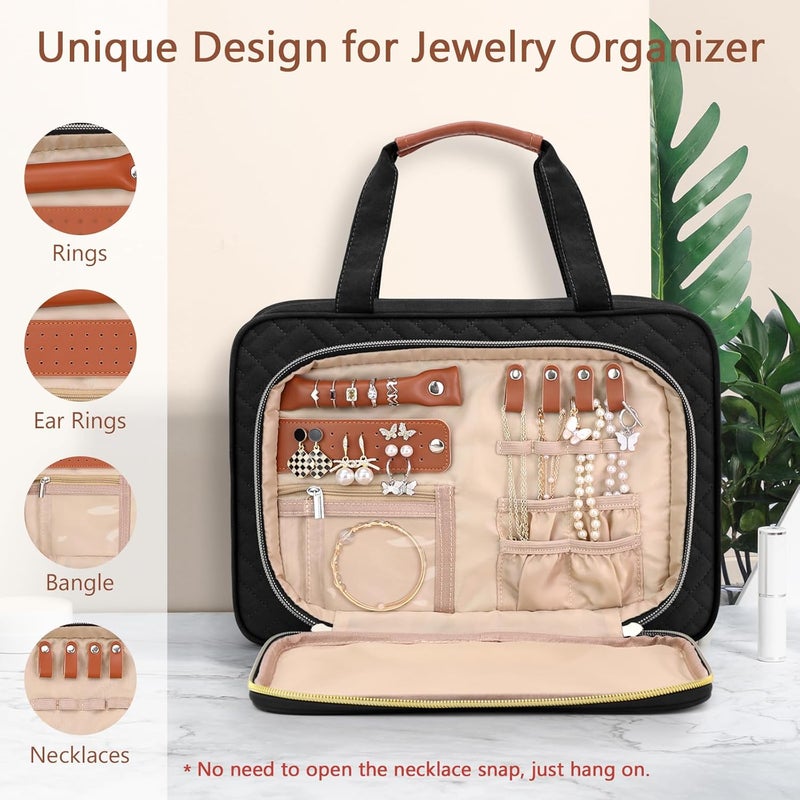 Wedama Toiletry Bag for Women, Hanging Travel Toiletry Bag with Jewelry Organizer Compartment Medium Makeup Bag, PVC Waterproof Cosmetic Travel Bag Trips Camping Bathroom, Black+Brown - Image 2