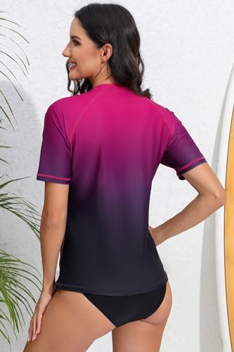 Halcurt Womens Short Sleeve Rash Guard Swimsuit Top with Built in Bra Swim Shirt UPF50 Quick Dry Bathing Suit Ombre Black Purple 2XL - Image 3