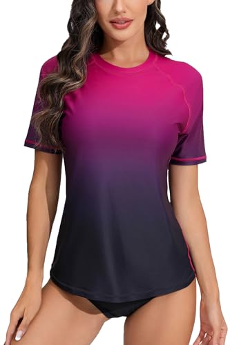 Halcurt Womens Short Sleeve Rash Guard Swimsuit Top with Built in Bra Swim Shirt UPF50 Quick Dry Bathing Suit Ombre Black Purple 2XL - Image 1