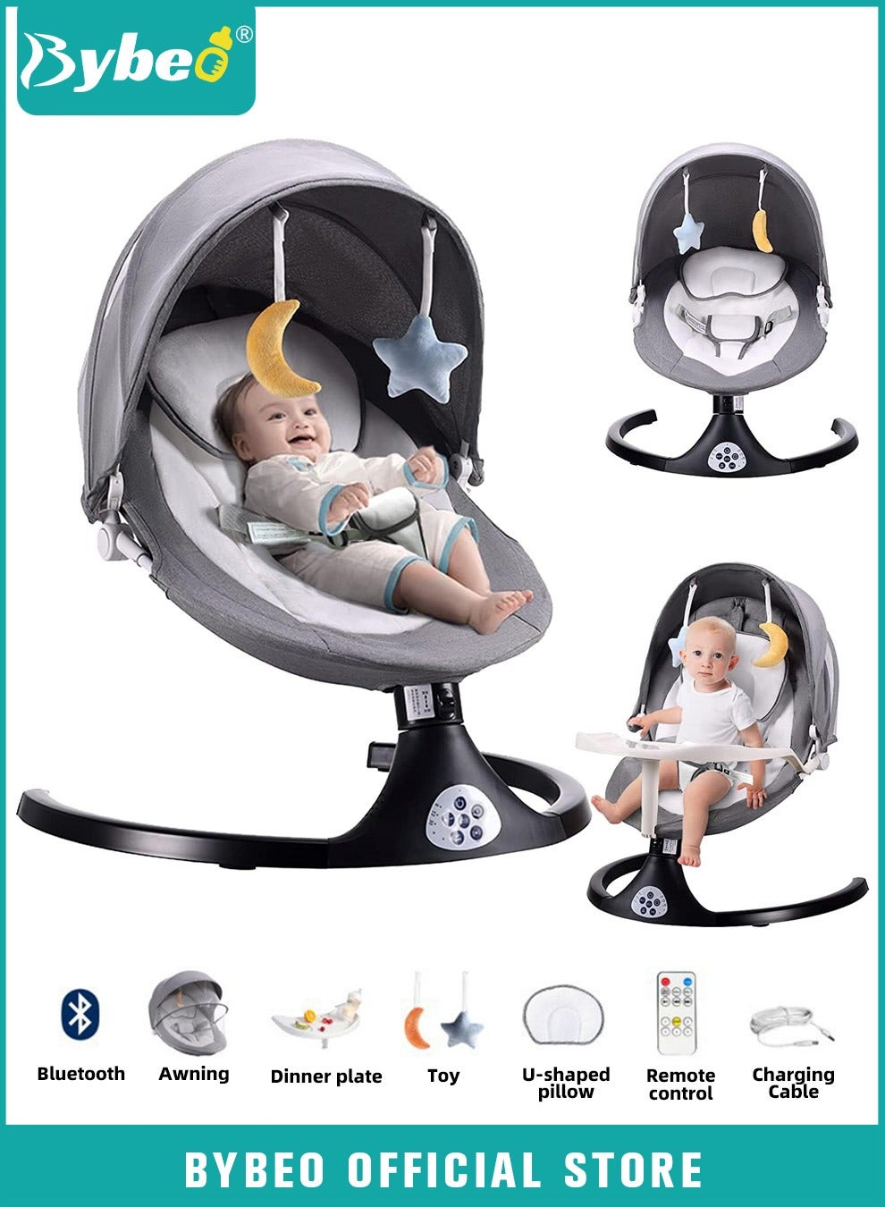 Baby Swing for Infant with a Dining Table, Portable Babies Rocker Chair, Electric Bouncer for Infants Boys Girls, 3 Seat Positions 5 Speeds, Bluetooth Music, 5 Point Harness Belt and Remote Control