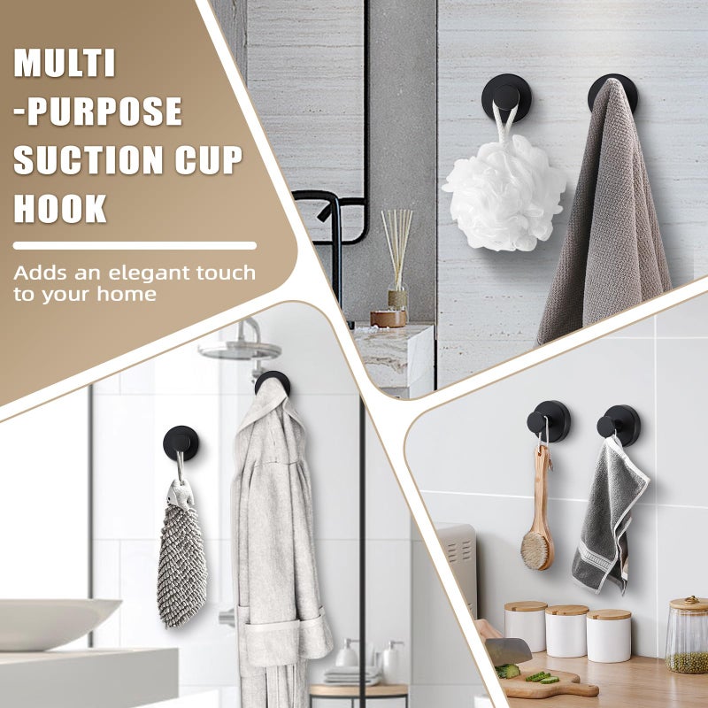 Fenas Suction Cup Hooks for Shower No-Drill Bathroom Hooks for Towels, Robes, Loofah Mountable on Bathroom Walls, Kitchen, Glass, Mirrors, Tile and Smooth,Non-Porous Surfaces (4, Matte Black) - Image 3
