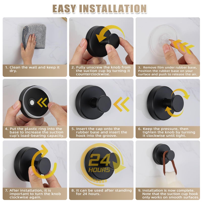 Fenas Suction Cup Hooks for Shower No-Drill Bathroom Hooks for Towels, Robes, Loofah Mountable on Bathroom Walls, Kitchen, Glass, Mirrors, Tile and Smooth,Non-Porous Surfaces (4, Matte Black) - Image 5