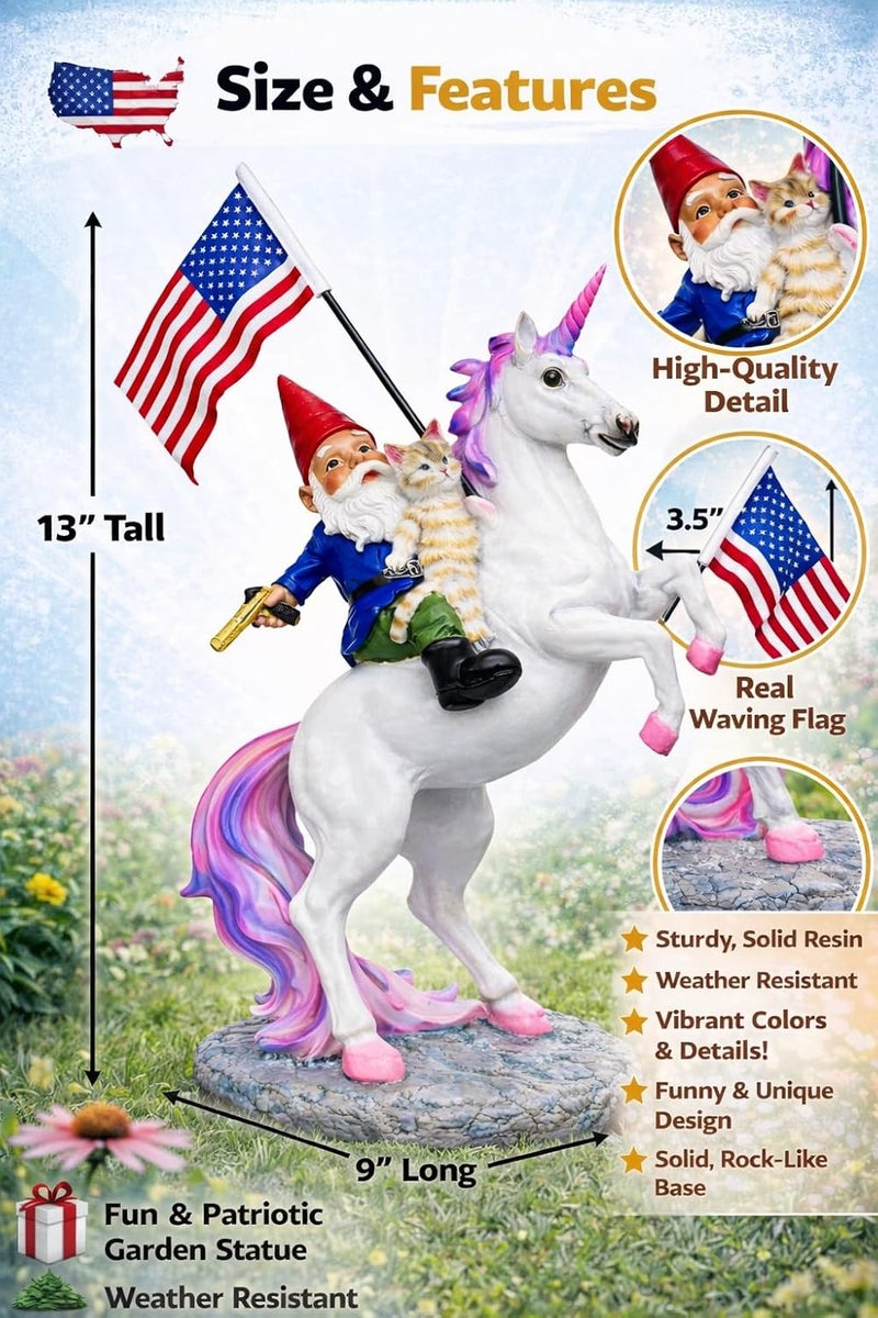 Funny Guy Mugs Garden Gnome Statue - The Ultimate Trio: Cat, Gnome & Unicorn Statue - Indoor/Outdoor Garden Gnome Sculpture for Patio, Yard or Lawn - Image 3