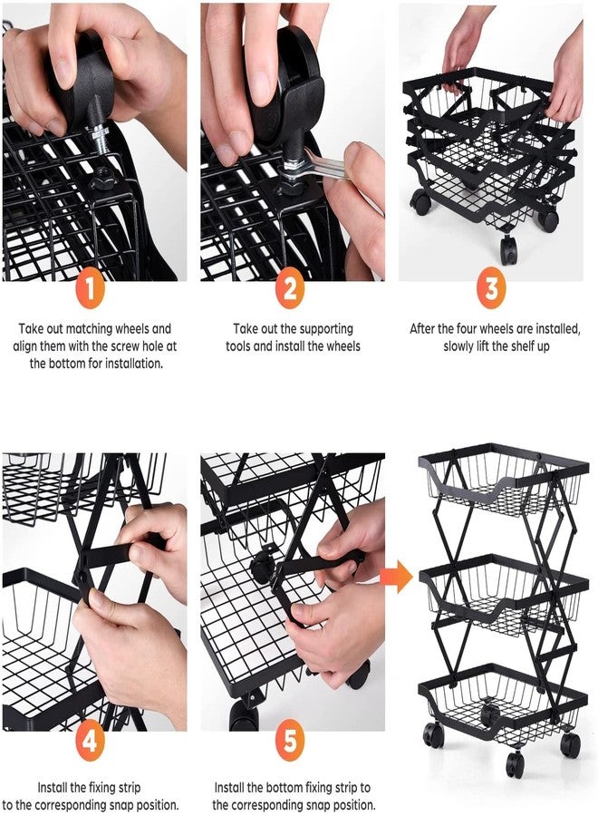 CBEX Metal Wire Basket with Wheels 3 Tier Stackable Rolling Fruit Basket Utility Rack Multifunctional Storage Organizer Bin for Kitchen Pantry Closet Bedroom Bathroom - Image 5