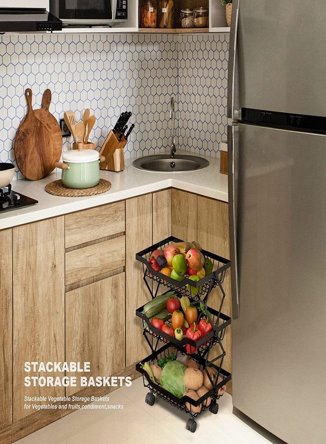 CBEX Metal Wire Basket with Wheels 3 Tier Stackable Rolling Fruit Basket Utility Rack Multifunctional Storage Organizer Bin for Kitchen Pantry Closet Bedroom Bathroom - Image 2