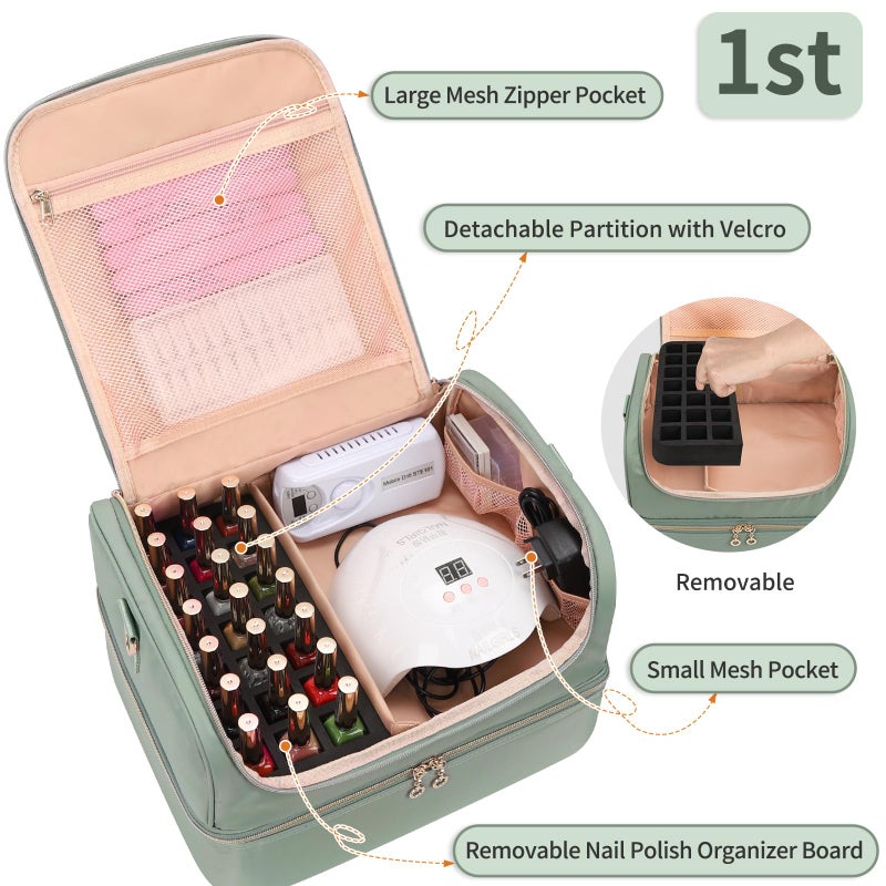 Cubetastic Nail Polish Organizer  Portable Nail Polish Storage Case Holds 69 Bottles Nail Polish & Nail Lamp  Travel Nail Supplies Organizer Bag For Nail Tech Kit & Manicure Tools (Rhombus Green) - Image 2